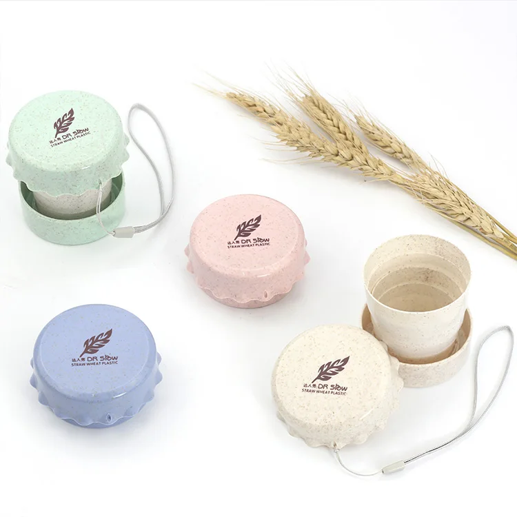 

New Product Travel Foldable Wheat Straw Reusable Plastic Water Telescopic Cups, Blue,pink,beige,green