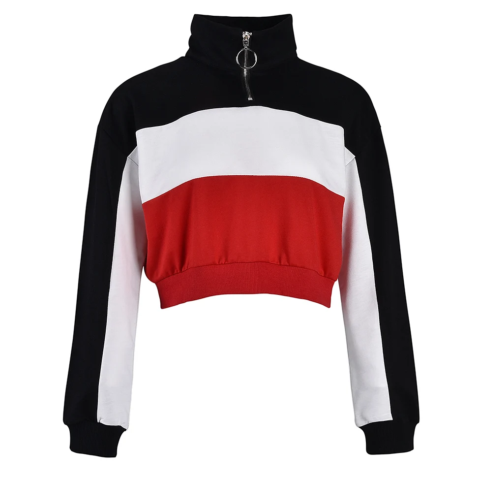 

Online Fashion Style Color Block Zipper Collar Ladies Crop Top, As pictures
