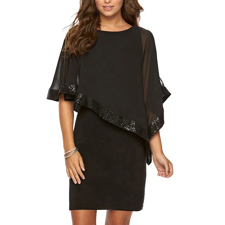 

Black Transparent Veil Sequined Five-point Sleeve Fashion Dress, As show