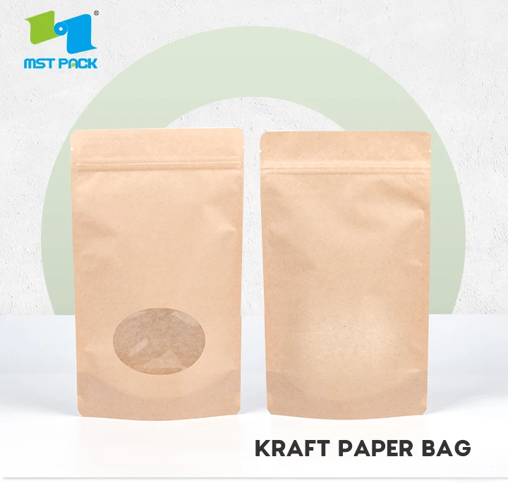Bio Degradable Bag Stand Up Bio Bag Kraft Paper Packaging Zipper Bag with Window