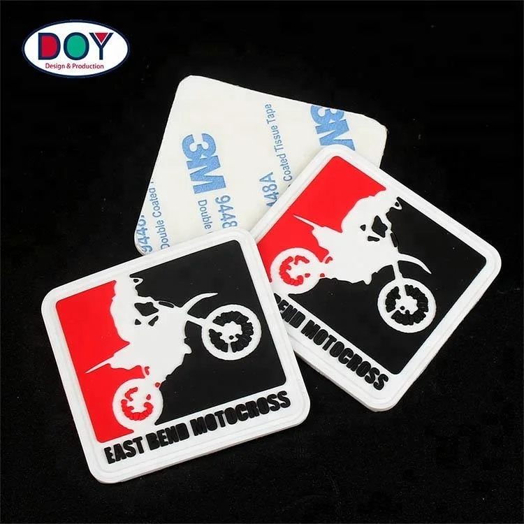 

Wholesale Adhesive Backing Custom Soft PVC Rubber Bag Patches with 3D Embossed Motorbike Logo, Follow pantone color chart