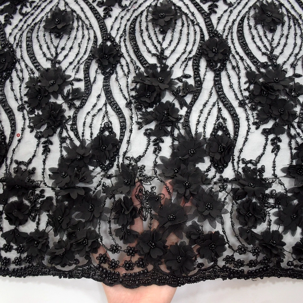 

Handwork embroidery design with black net lace fabric top end 3d floral embroidered tulle fabric beads HY0830-7