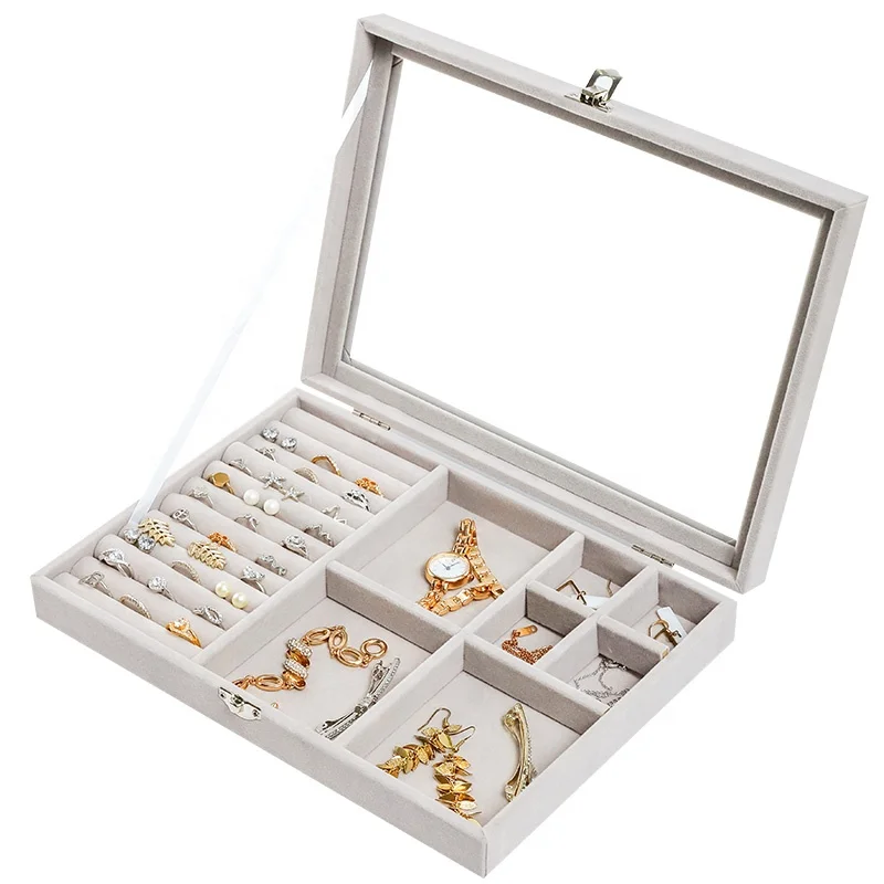 

Glass flannelette Acrylic Tray Showcase Display Ring Luxury Storage Boxes Organizer Velvet Jewelry Box