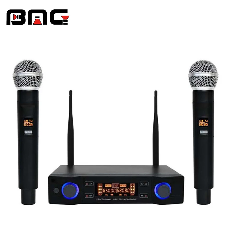 

BMG 2 channel Handheld Adjustable Frequency UHF Karaoke wireless microphone professional mic wireless for small room speech sing, Black