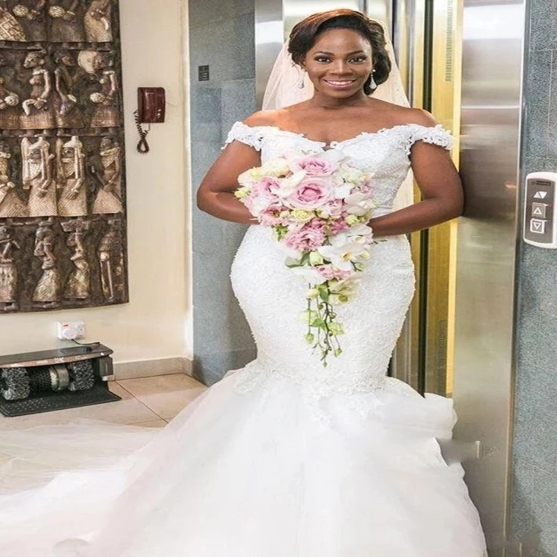 

Off The Shoulder Beach Wedding Dresses 2019 Lace Tulle Cap Sleeves Mermaid Wedding Gown African Cheap Bridal Gown
