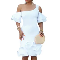 

Factory Plus Size Petite One Shoulder White Graduation Bridal Ruffle Prom Party Wear Dress For Women 2019