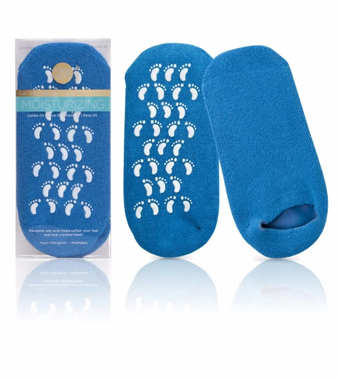 MISS SPA GEL INFUSED SPA TREATMENT SOCKS. MOISTURIZING. JOJOBA/OLIVE/ROSE OIL AND VITAMIN E.