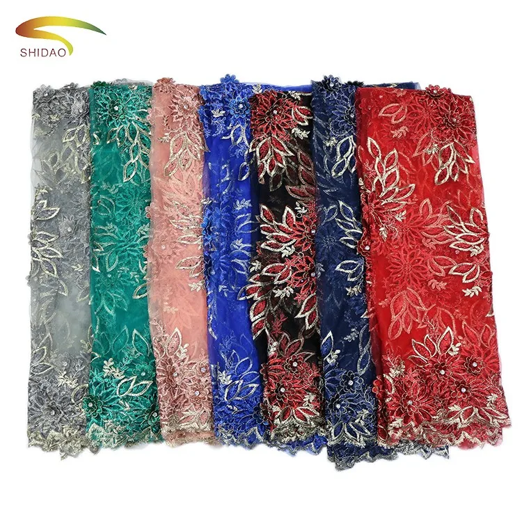 

guangzhou textile high quality nigerian embroidery french tulle 3d flower beaded bridal lace fabric with crystal and stones, Navy blue, green, grey, royal bule, pink, black