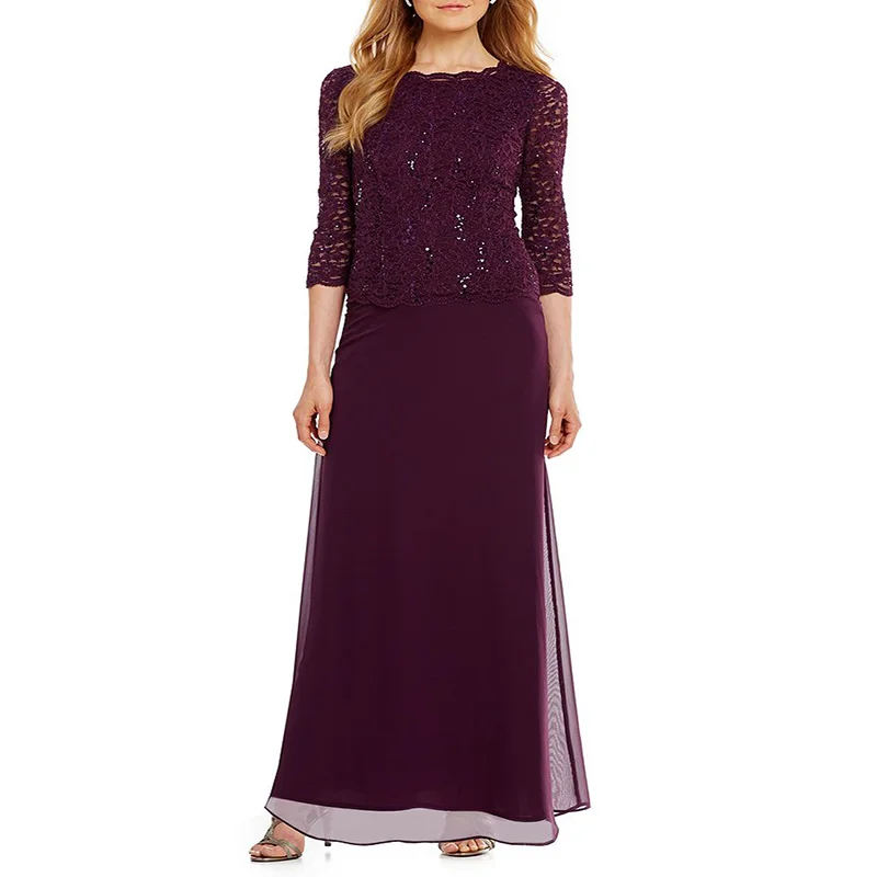 Women Wear Boat Neckline Sequined Lace Bodice & Chiffon Shirt Gown 3/4