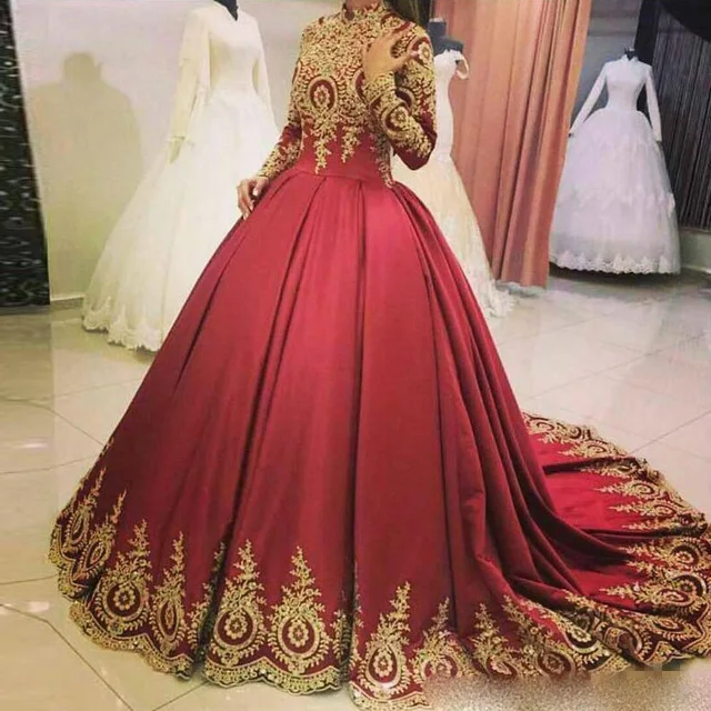 

2019 Luxury Red Long Sleeve Cheap Satin Lace Ball Gown Women Arabic Bridal Muslim Wedding Dress Turkey, Wine red