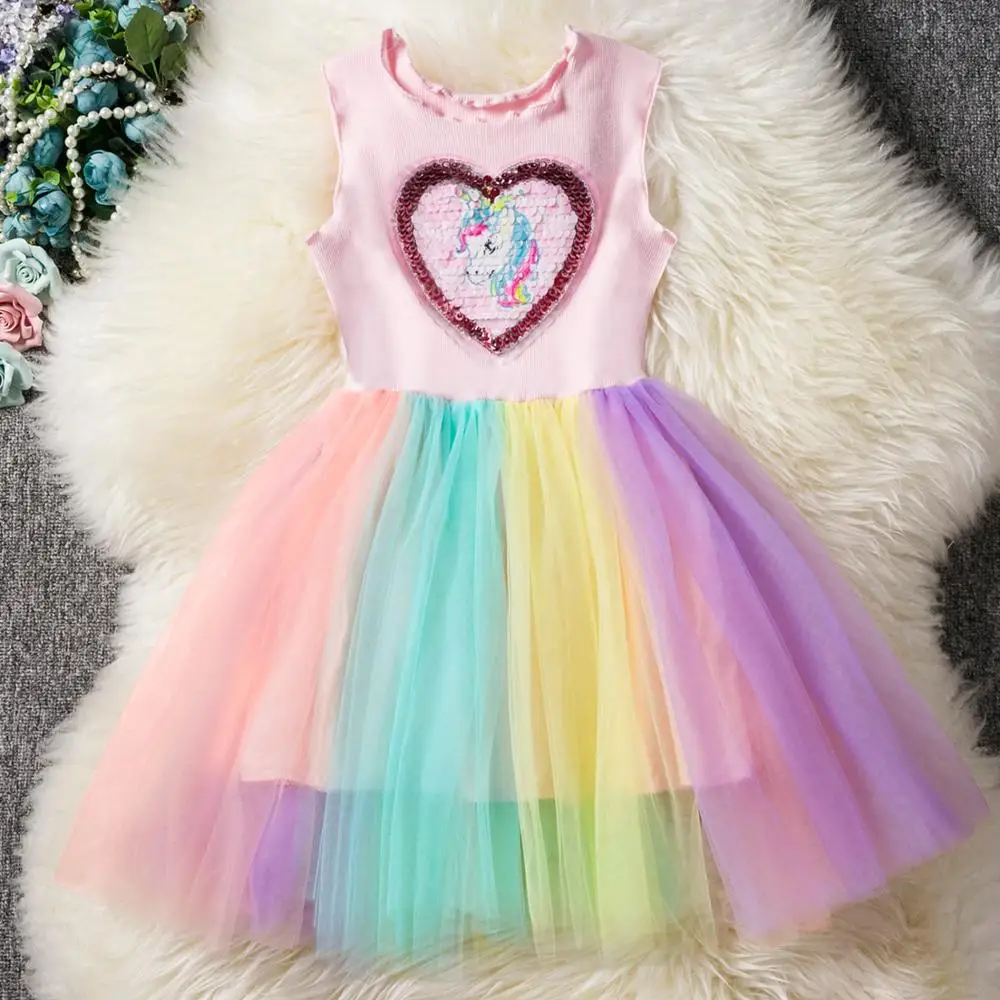 

Hot sale rainbow lace cartoon daily wear dress pink sequin kids girls frock