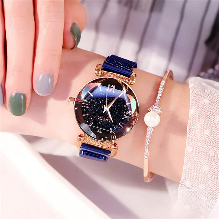 

2019 Newest Sky Face Design Magnet Buckle Steel Mesh Band Women Quartz Wrist Watch, Purple,blue,golden,black