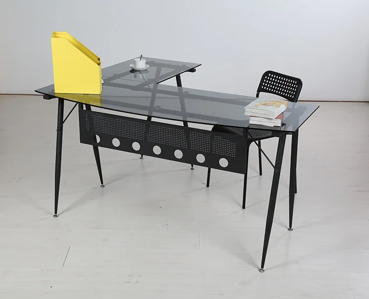 Customized transparent glass desktop metal iron frame l shape office desk corner computer table
