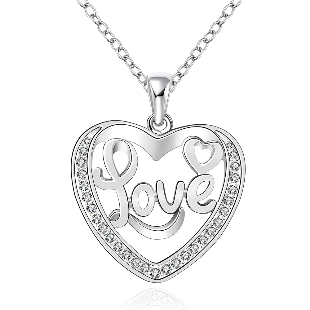 

SJ Mother's Day Gift Copper 925 Sterling Silver Plated Pave White Cubic Zirconia Heart Shape with Letter Pendant Necklace