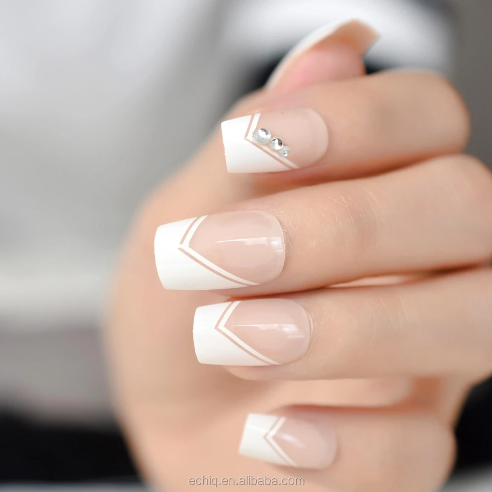 Square French Nails Angle White Line Medium Length Rhinestones Decorated Designer Fake Nails 24pcs Buy Dekoration Nagel Kunst Nagel Kunstliche Tipps Entwickelt Falsche Nagel Product On Alibaba Com