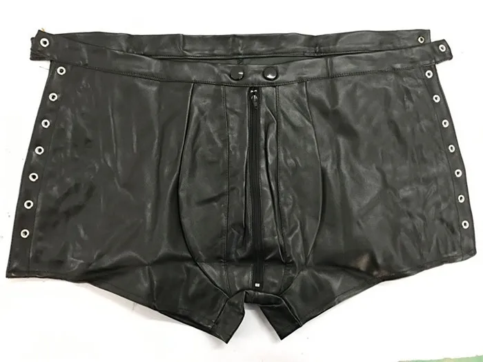 Faux Leather Mens Boxers Shorts Exotic Apparel Sex Hollow Out Strappy Underwear Lingerie Sexy Black Wetlook Short Pants H6624