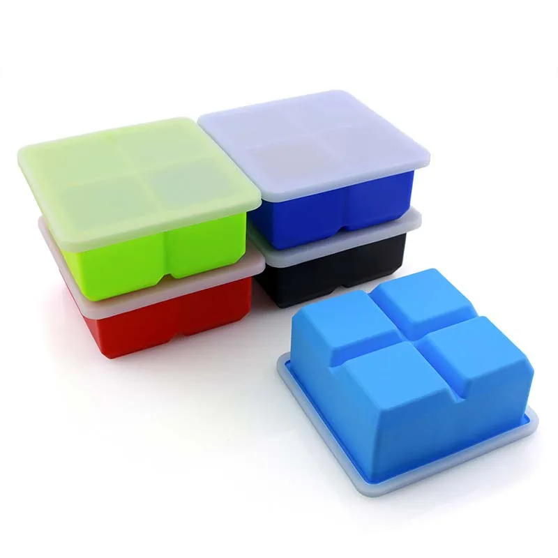 

4 Square Cavity Silicone Freeze Ice Cube Mold DIY Ice Cream Maker with Cover Top Seller on Amazon for Summer, Red;green;blue;black