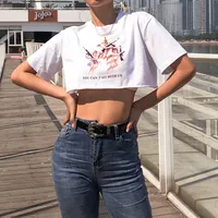 

Women's T-Shirt O-Neck Angel Print Sexy See Through Crop Tops