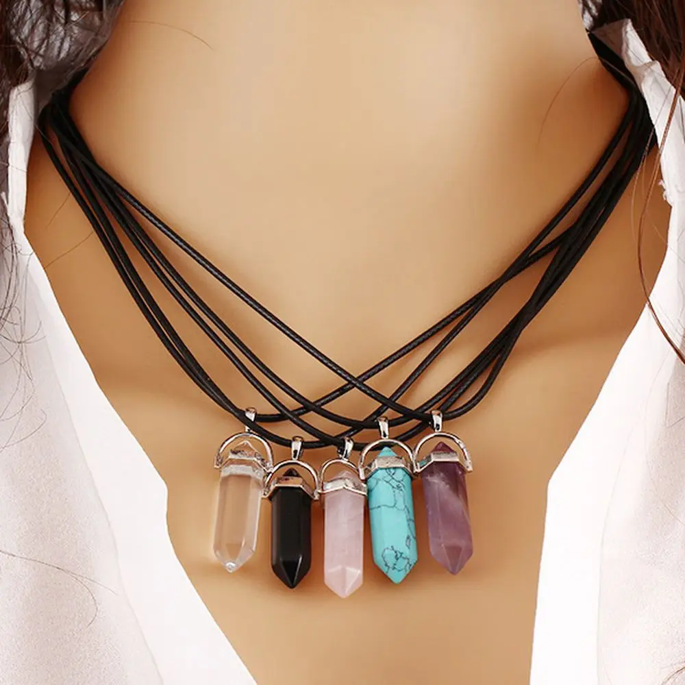 

2021 Cheap Price Crystal Natural Stone Rose Quartz Black Rope Bullet Pendant Necklace, Same as picture
