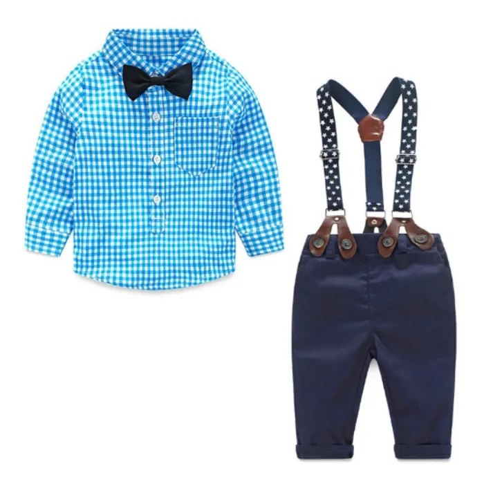 

Spring Cotton Gentleman Baby Boys Clothes Sets Plaid Long Sleeve Top Biw Tie Shirt Rompers Suspenders Pants Y10695, Can follow customers' requirements