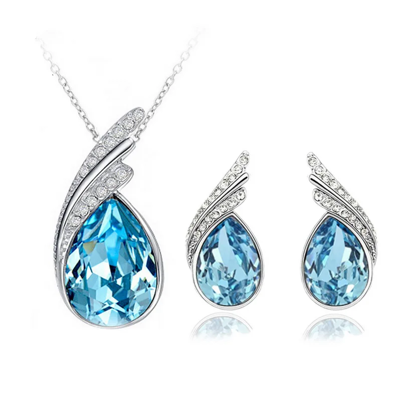 AAA Crystal CZ Angel Wing Heart Pendant Necklace Earrings Graceful Women 18k Gold Plated Heart Cubic Zirconia Chian Jewelry Set