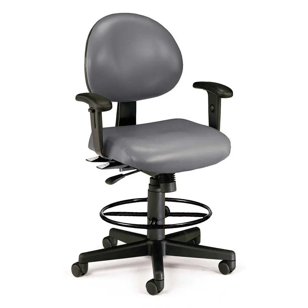 241 Series Vinyl 24 Hour Ergonomic Drafting Stool Dimensions: 27"W x 29.75"D x 43.75-47.25"H Seat Dimensions: 19.5"Wx19"Dx25.75-29.5"H Weight: 49 lbs. Charcoal Vinyl/Black Base