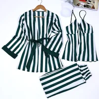 

Women Pajamas Sexy Ice Silk Sleepwear suit Elegant 3-piece Set With Chest Pad Spring Summer Striped Homewear Nightwear