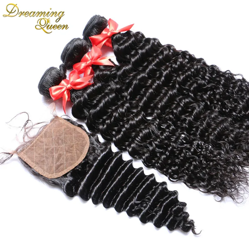 7A Brazilian Deep Wave Silk Base Closure 4 Bundles With Silk Closure Cheap Human Hair Tangle
