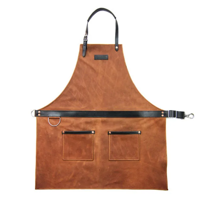 
China Wholesale High Quality Eco-Friendly Material Brown Adjustable Kitchen Leather Apron With Pockets 