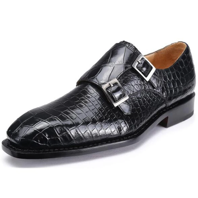 

Men Luxury Crocodile Leather dress shoes , Goodyear welted Handmade Monk Strap dress Shoes Wedding Formal Patina Dress Shoes, Black