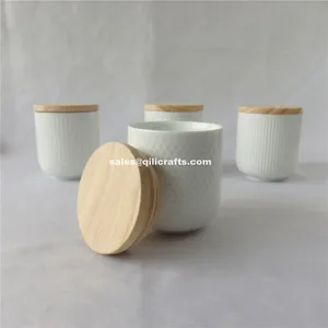 Image of Fine porcelain candle vessels ceramic containers jars with wooden lid for food and candle