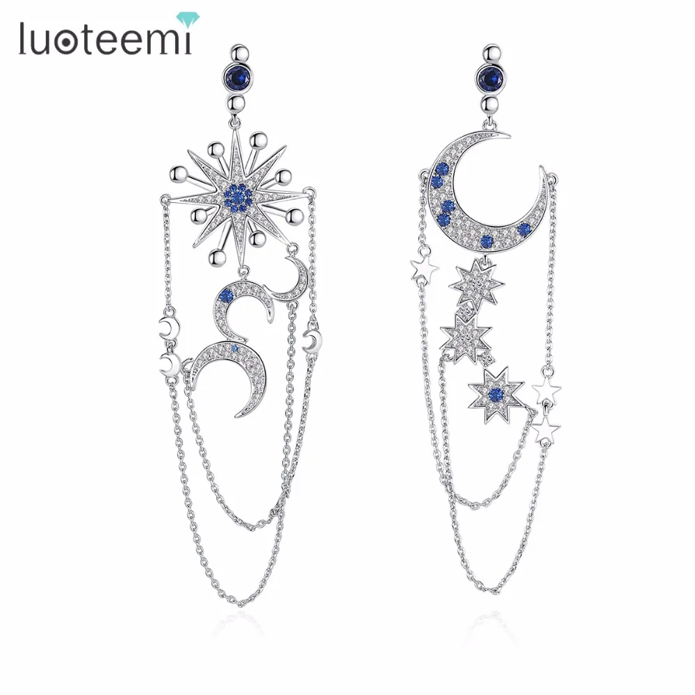 

LUOTEEMI Brand New Authentic Crescent Half Moon & Star Dazzling Blue CZ Tassel Chains Drop Earrings for Women Jewellery Bijoux, N/a