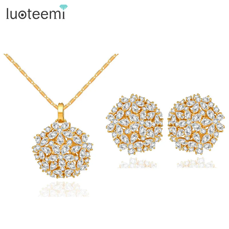 

LUOTEEMI Luxury Women Ideal Christmas Gift 18K Champagne Gold Cubic Zircon Big Flower Necklace Earrings Set Gold Plated