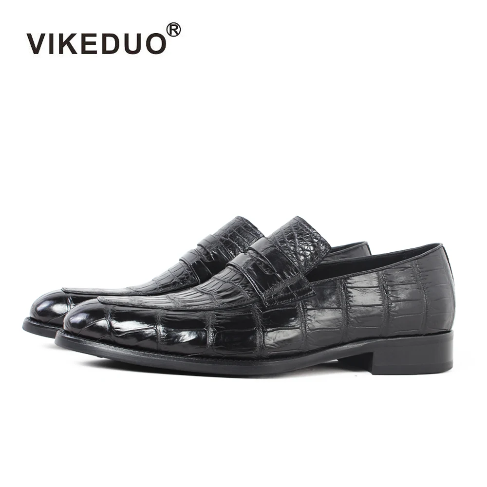 

VIKEDUO Hand Made Alligator Penny Loafers Formal Shoes Men Fashion Black Loafer Brand Real Mens Crocodile Leather Shoes