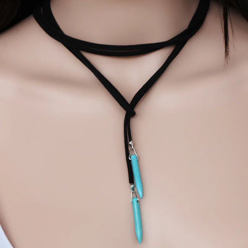 

women turquoise stone jewelry long black leather choker necklace