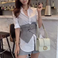 

Women Office Wear White Long Sleeves Blouse Tops Belt Vest Plaid Shorts Suit