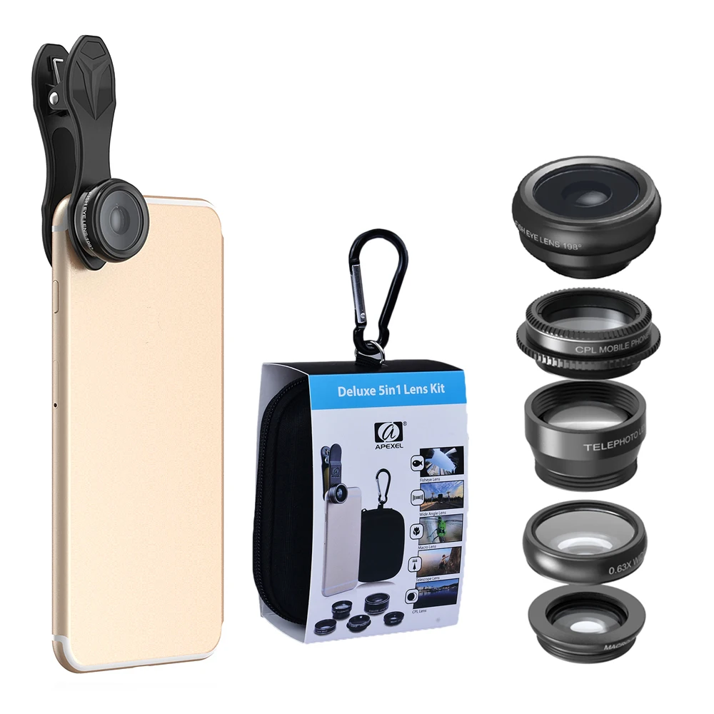 

Universal clip 5 In 1 wide Angle Macro Fish Eye Mobile Phone Camera Lens For iPhone 4S 5S 6 For Xiaomi, Black