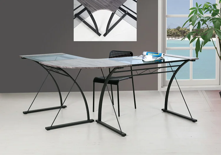 Customized transparent glass desktop metal iron frame l shape office desk corner computer table