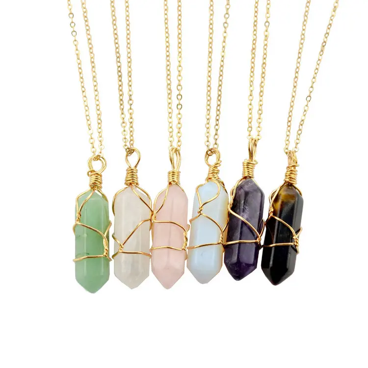 

2019 Fashion Handmade Wire Wrap Natural Stone Bullet Hexagonal Column Quartz Crystal Necklace, Gold;silver