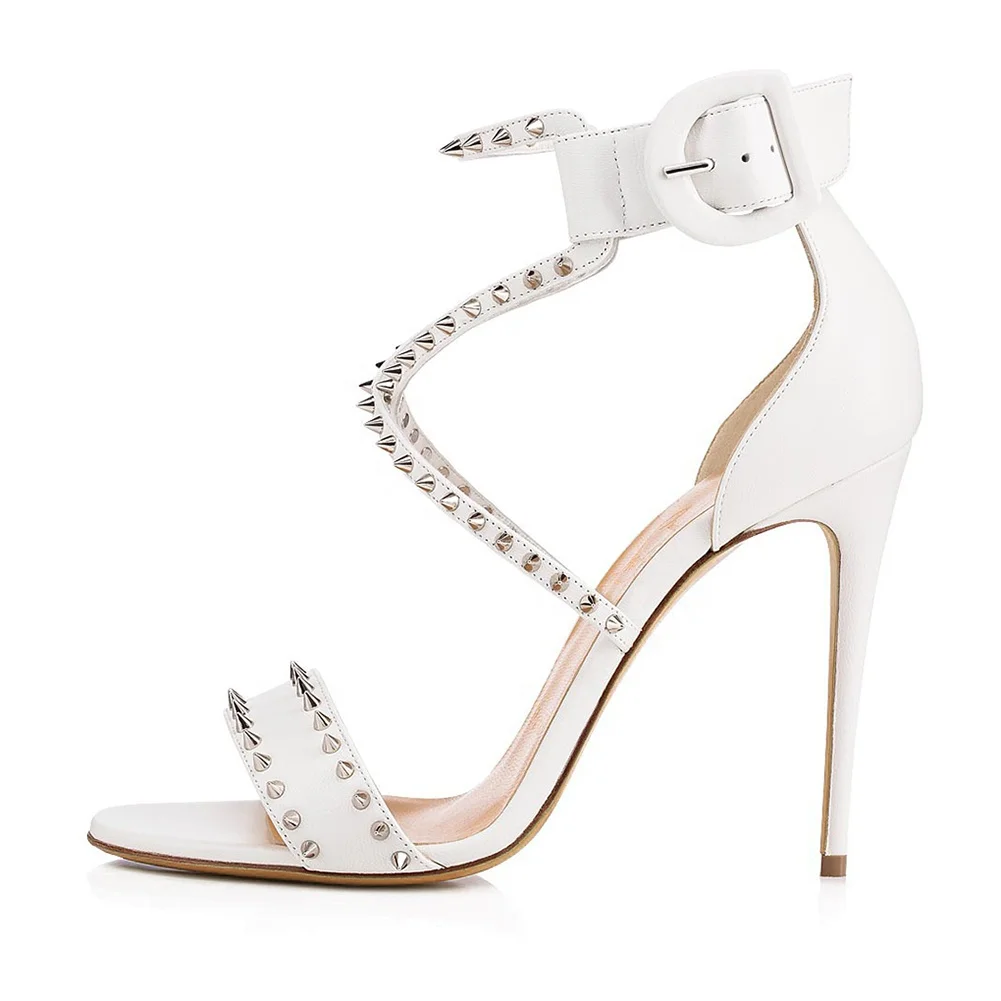 

Factory Spikes Studs Studded Nude Ankle Strap Beautiful Stylish New Design Summer Ladies Fancy Girls Latest High Heel Sandals, White, black, nude