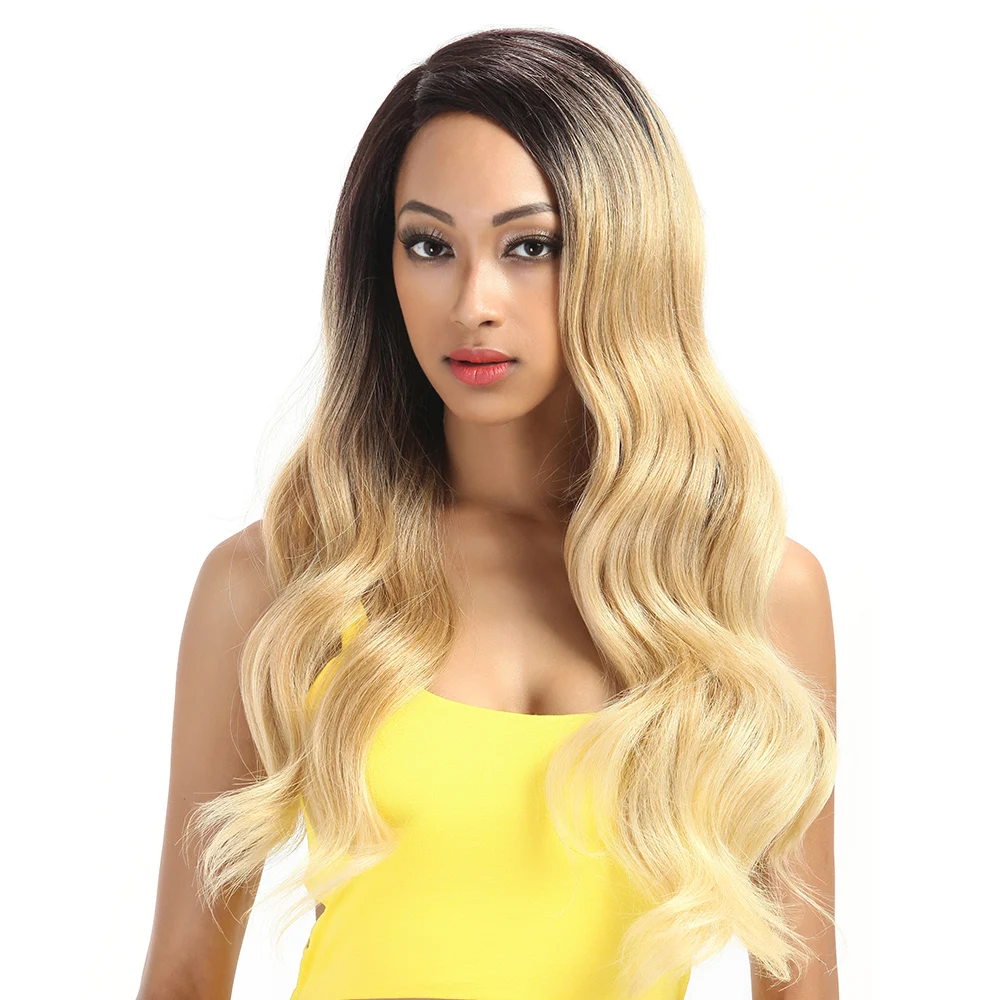 JINGFA Long Straight Lace Front Wigs For Women Ombre Blonde 2 Tone Synthetic Lace Wig Middle Part