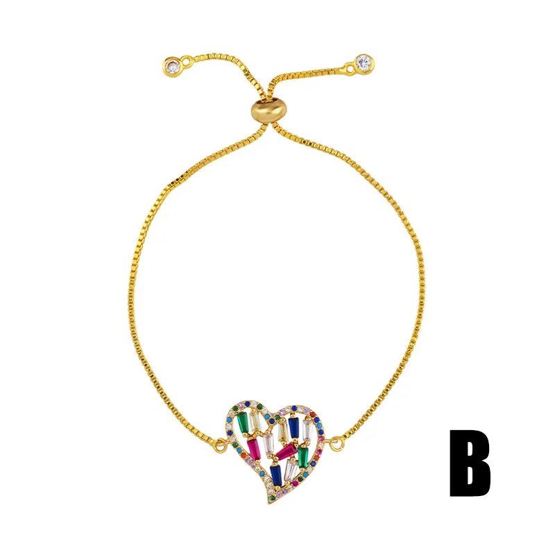 Luxury 18k gold plated heart-shaped round bracelets adjustable rainbow zircon horn bracelet