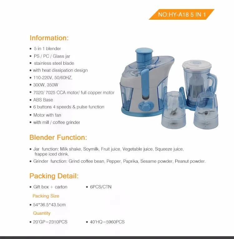 Convenient Electric Juicer,300w Juice Extractor 5in1 Blender 5in1