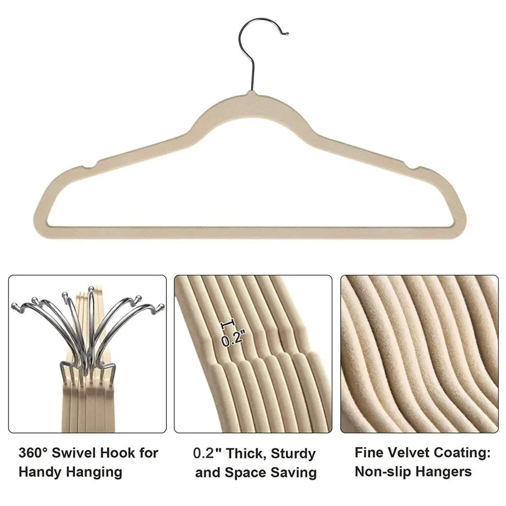 
50 Pack Dress Notches Space Saving Non Slip Beige Velvet Coat Shirt Dress Suit Clothes Hangers 