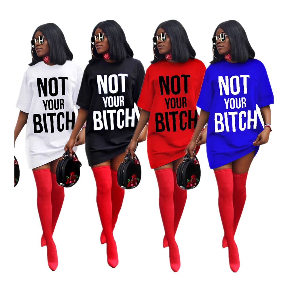 

SADN8084 letter print half sleeve casual oversized short ladies tshirt dress, Red, black, white, blue