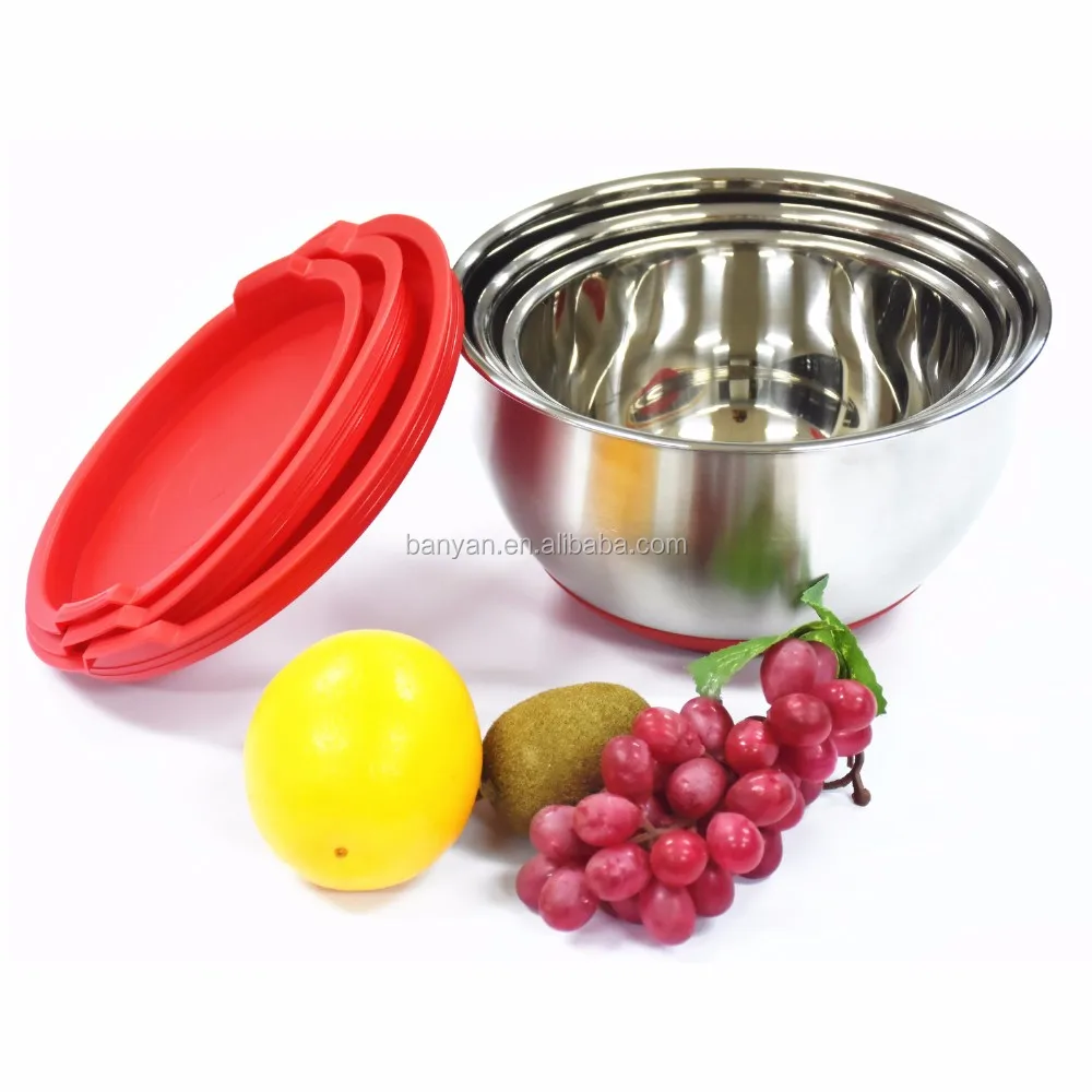 Green Lids Stainless Steel Mixing Bowls Set Of 3 With Rubber Bottom And
