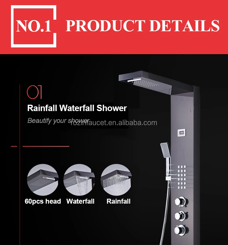 Black Thermostatic Digital Shower Panel Faucets Column Rain Waterfall