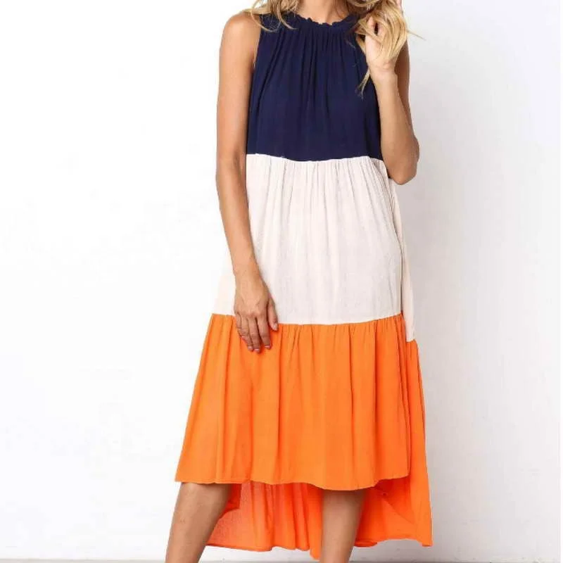 

Factory Price Plus Size Loose O Neck Women Dress Summer Sleeveless Stitching Color Beach Skirts, As picture