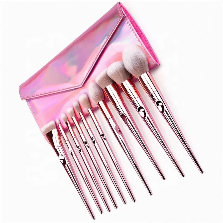 

10pcs set Best Custom angled cosmetic eyeshadow makeup brush pink gold private label eye full makeup brush set