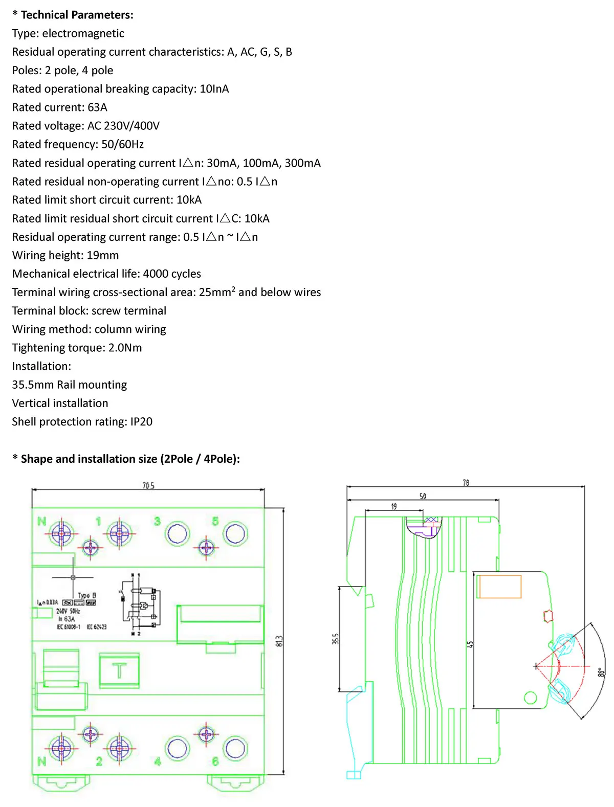 Type B RCD Residual Current Circuit Breaker 25A 40A 63A 30mA 300mA 2P 4P EV Charger Charging Station Class B RCD